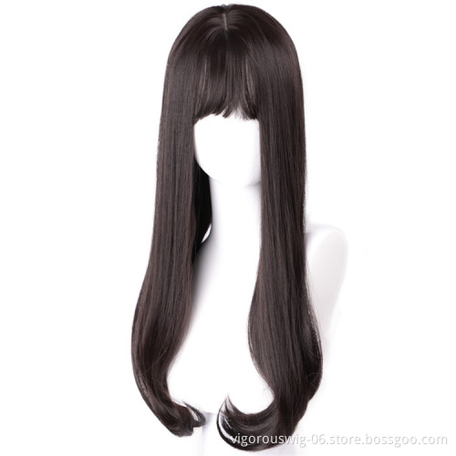 Vigorous Natural Straight Hair Wigs for Black Women Black Brown Synthetic Wigs with Blunt Bang Middle Part Heat Resistant Wig